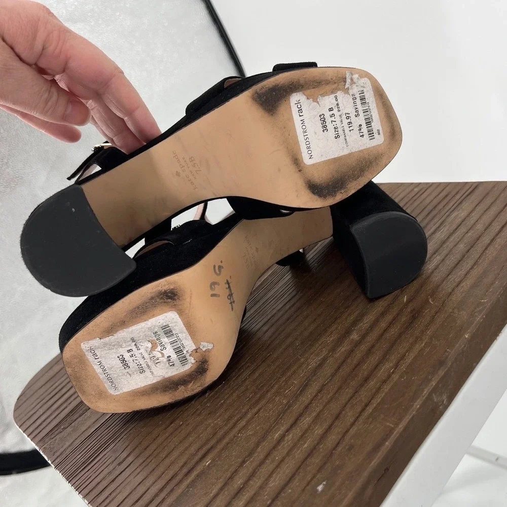 Kate Spade Delia Black Suede Platform Block Heel‎ Sandals Square Toe Strap 7.5B